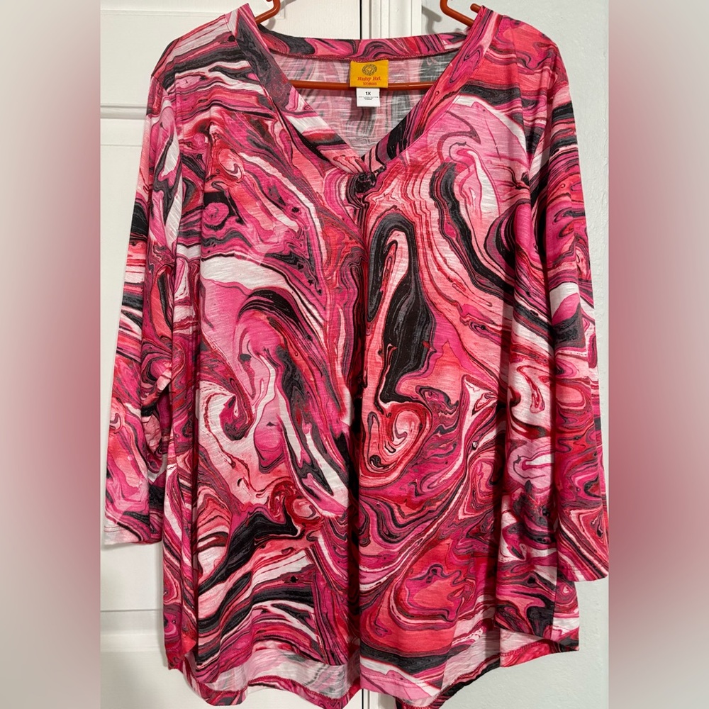 Ruby Rd. Pink and Black Graphic 3/4 Sleeve Blouse